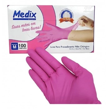 Luva Nitrilo Rosa Sem Pó Tamanho M Com 100 Unidades Medix