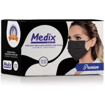 Máscara Descartável Tripla Com Elástico Preta 50 Unidades Medix