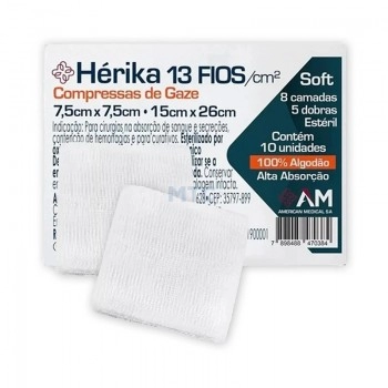 Compressa Gaze Estéril 13 Fios 7,5x7,5cm 10 Unidade Hérika- America Medical