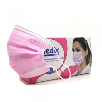 Máscara Descartável Tripla com Elástico Rosa 50 Unidades Medix