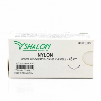 Fio de Sutura Nylon Preto Usp 2-0 Comprimento 45cm Circular 3/8 Com Agulha Triangular 3,0cm - Shalon