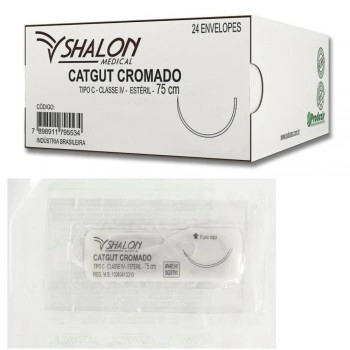 Fio de Sutura Catgut Cromado 0 com Agulha 3/8 3 75cm Shalon