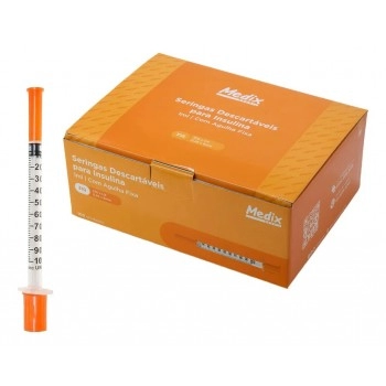Seringa Descartável Para Insulina 6x0,25 fixa 31g 1ml Caixa Com 100 Unidades - Medix