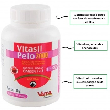 Vitasil Pelo 2000 Suplemento Vitamínico Para Cães e Gatos 120g 60 Comprimidos - Vansil
