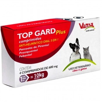 Top Gard Plus Vermífugo Para Cães e Gatos 600mg 4 Comprimidos Vansil