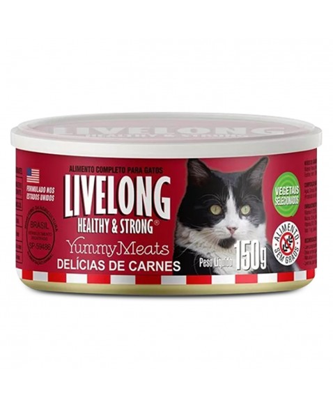 Lata de Alimento Yummy Meats Para Gatos Delícias de Carnes 150g Livelong