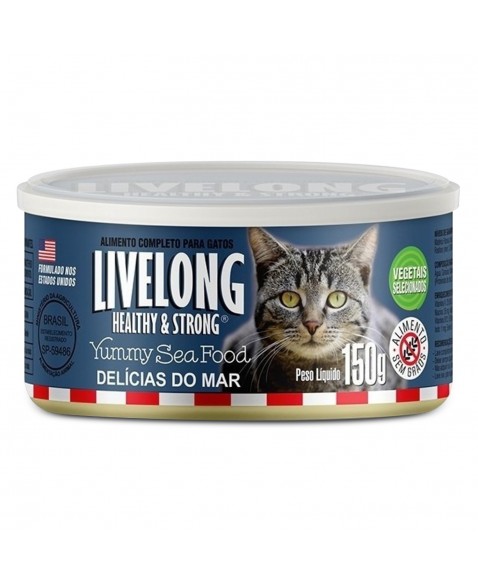 Lata de Alimento Yummy Sea Food Para Gatos Delícias do Mar 150g Livelong