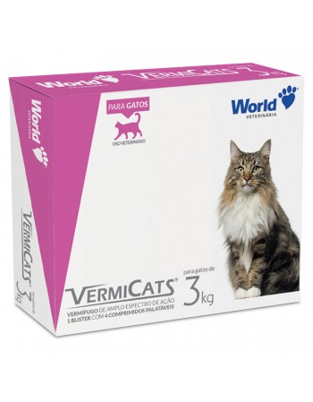 VermiCats 600mg Vermífugo para Gatos 3Kg 4 Comprimidos World