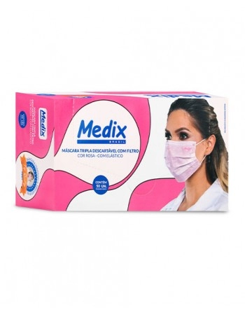Máscara Descartável Tripla com Elástico Rosa 50 Unidades Medix