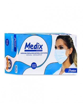 Máscara Descartável Tripla Com Elástico Azul 50 Unidades Medix