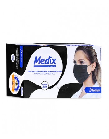 Máscara Descartável Tripla Com Elástico Preta 50 Unidades Medix