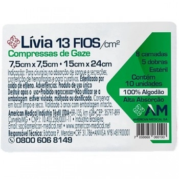 Compressa De Gaze 7,5cm X 7,5cm Estéril Lívia 13 Fios C/10 Unidades - America Medical