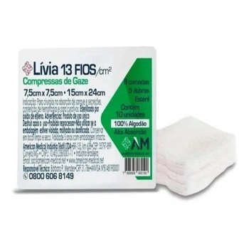 Compressa Gaze Hidrófila Estéril Algodão 13 Fios com 10 Unidades Livia America Medical
